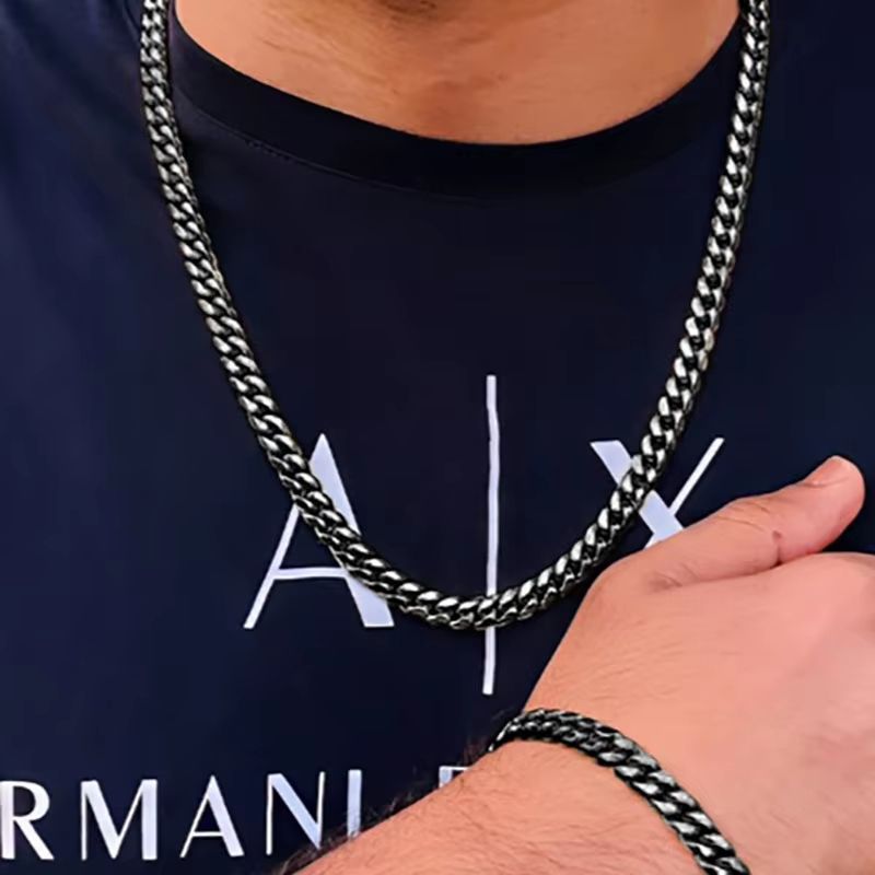2pcs Mens Cuban Chain Necklace And Bracelet Silver Color Chunky Chain Set In Stainless Steel 6