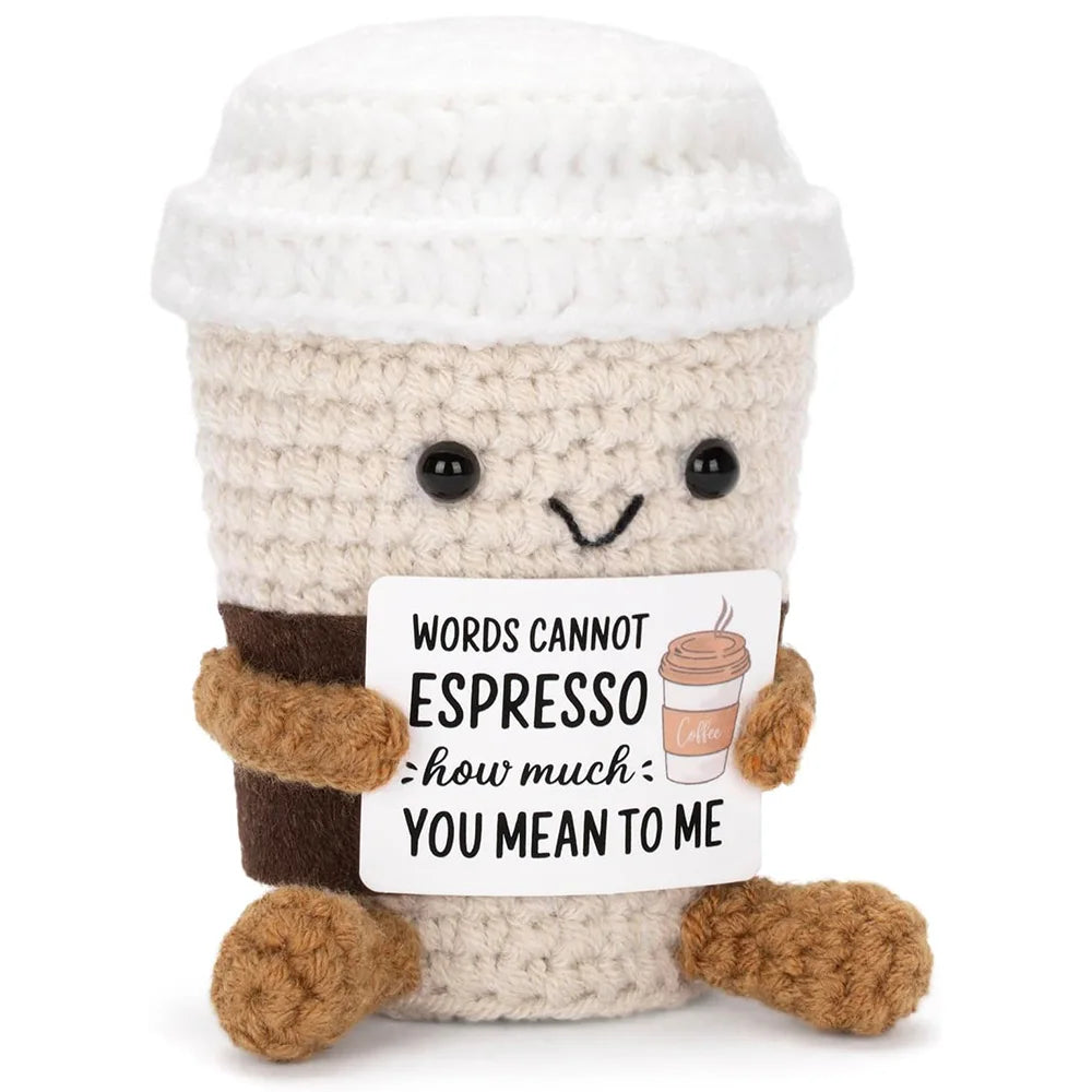 Funny Crochet Coffee Dolls, Handmade Emotional Support Doll, Desktop Ornament, Christmas Gifts, Home Decor, With Card