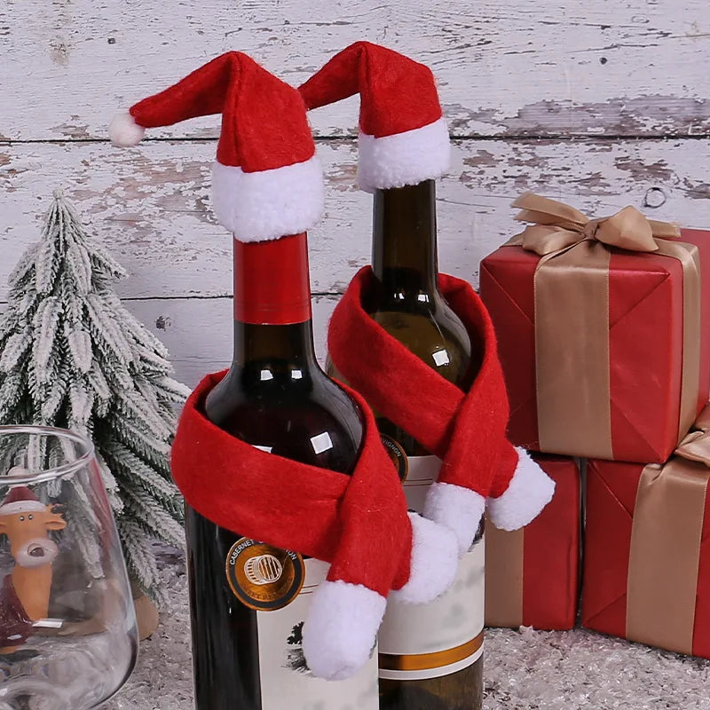 Scarf Hat Wine Bottle Decor, Red Christmas Bottle Covers, Xmas Dinner Table New Year Party Home Decoration
