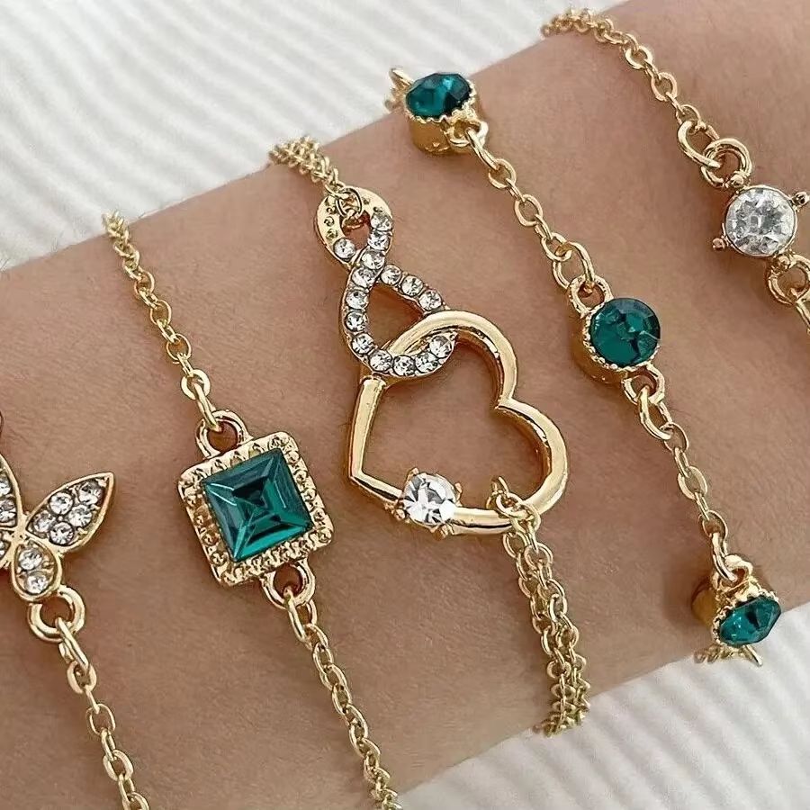 5 Piece heart bracelet set for Women – green crystal bracelet and butterfly bracelet Gold Color Stack