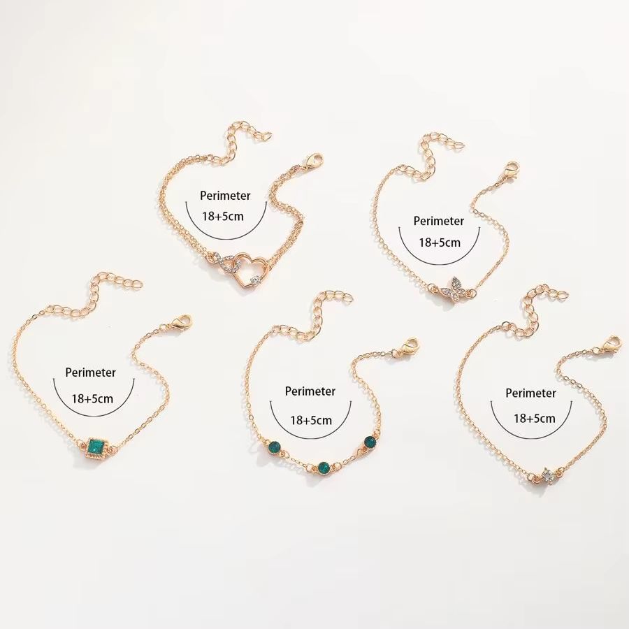 5 Piece Heart Bracelet Set For Women  Green Crystal Bracelet And Butterfly Bracelet Gold Color Stac 1