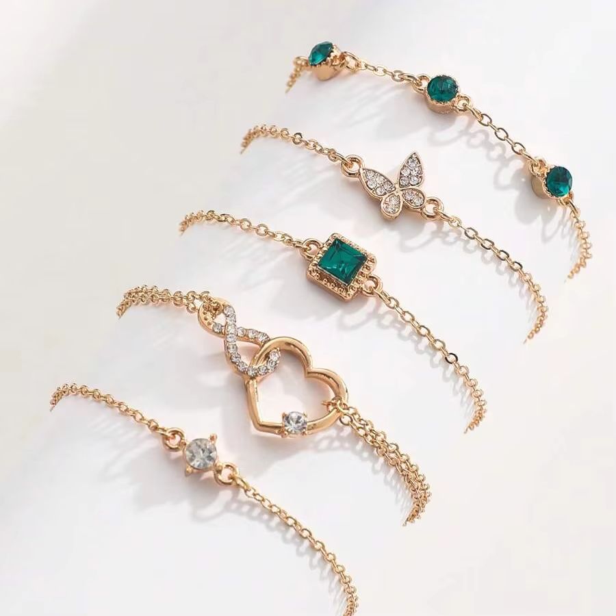 5 Piece Heart Bracelet Set For Women  Green Crystal Bracelet And Butterfly Bracelet Gold Color Stac 2