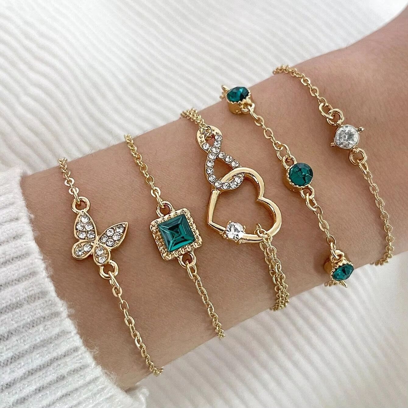 5 Piece Heart Bracelet Set For Women  Green Crystal Bracelet And Butterfly Bracelet Gold Color Stac 3