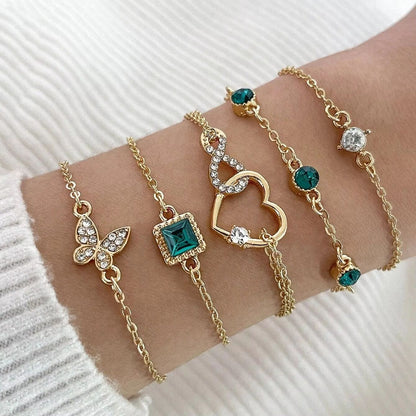 5 Piece Heart Bracelet Set For Women  Green Crystal Bracelet And Butterfly Bracelet Gold Color Stac 3