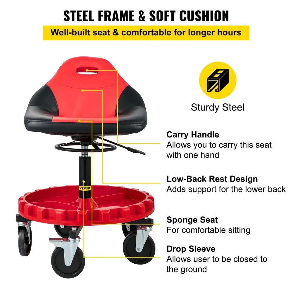 Mobile Mechanic Garage Stool Height Adjustable 300LBS Capacity Rolling Gear Seat With Tool Tray And 3