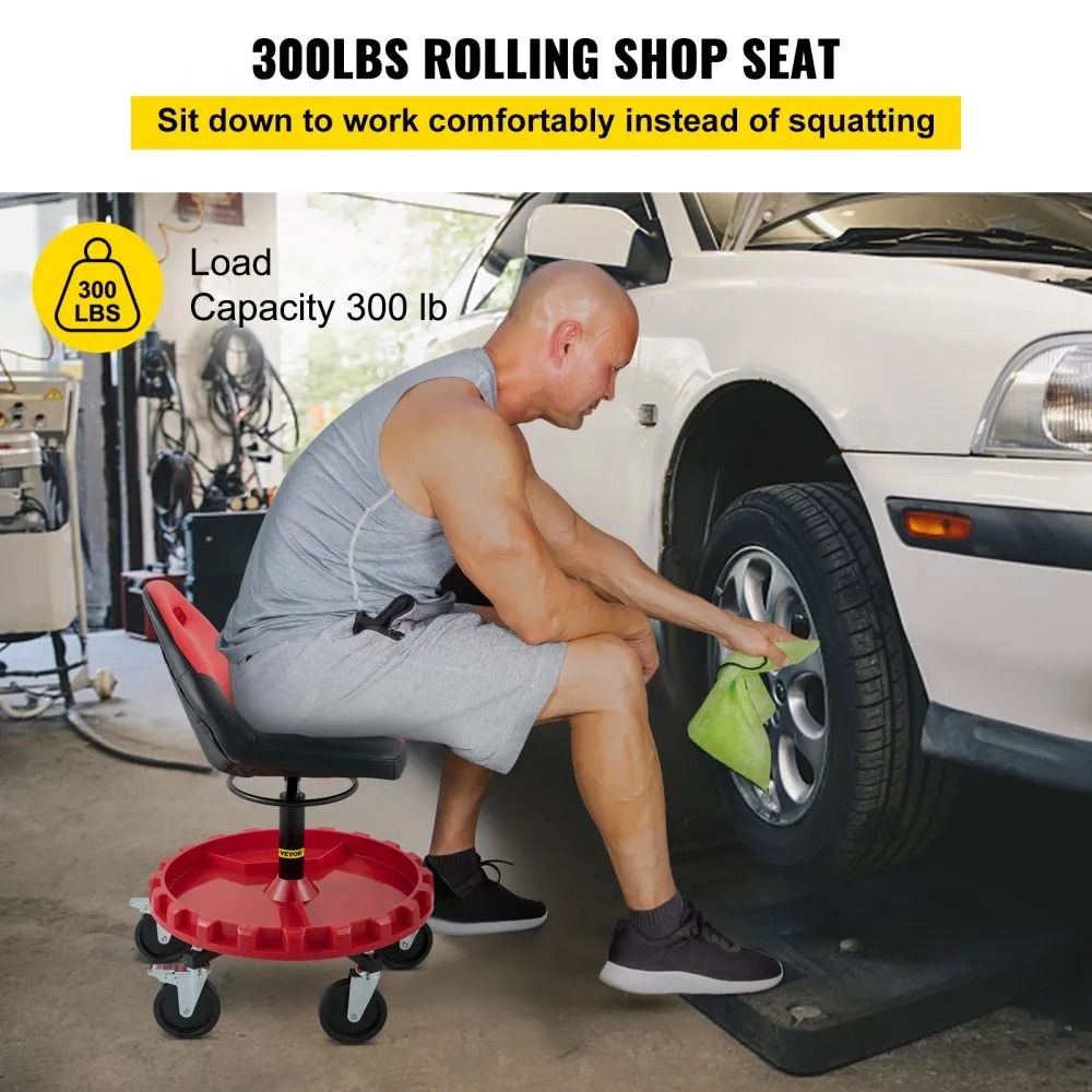 Mobile Mechanic Garage Stool Height Adjustable 300LBS Capacity Rolling Gear Seat With Tool Tray And 1
