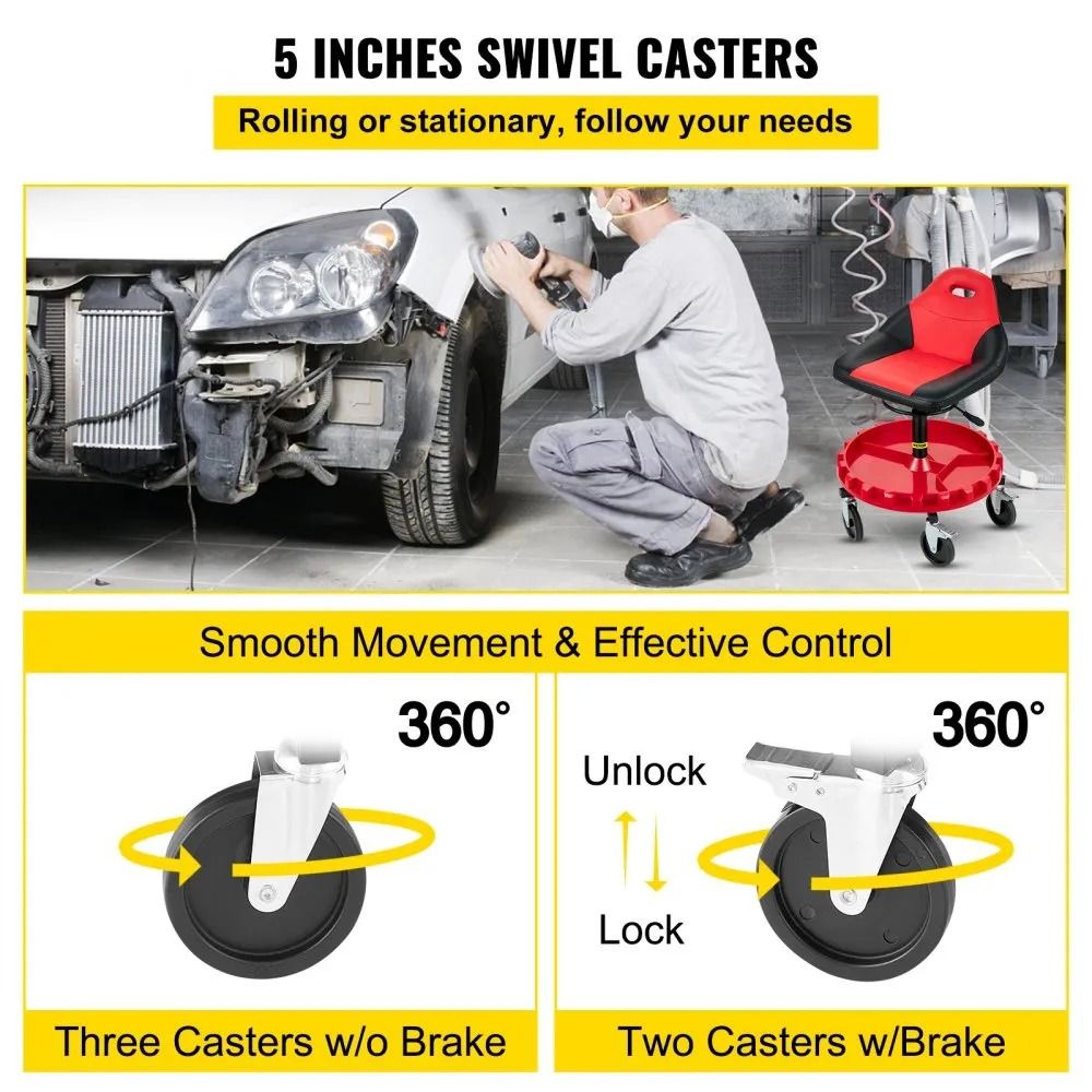 Mobile Mechanic Garage Stool Height Adjustable 300LBS Capacity Rolling Gear Seat With Tool Tray And 2