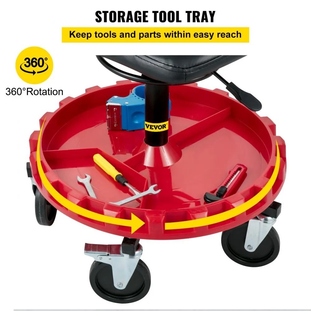 Mobile Mechanic Garage Stool Height Adjustable 300LBS Capacity Rolling Gear Seat With Tool Tray And 4