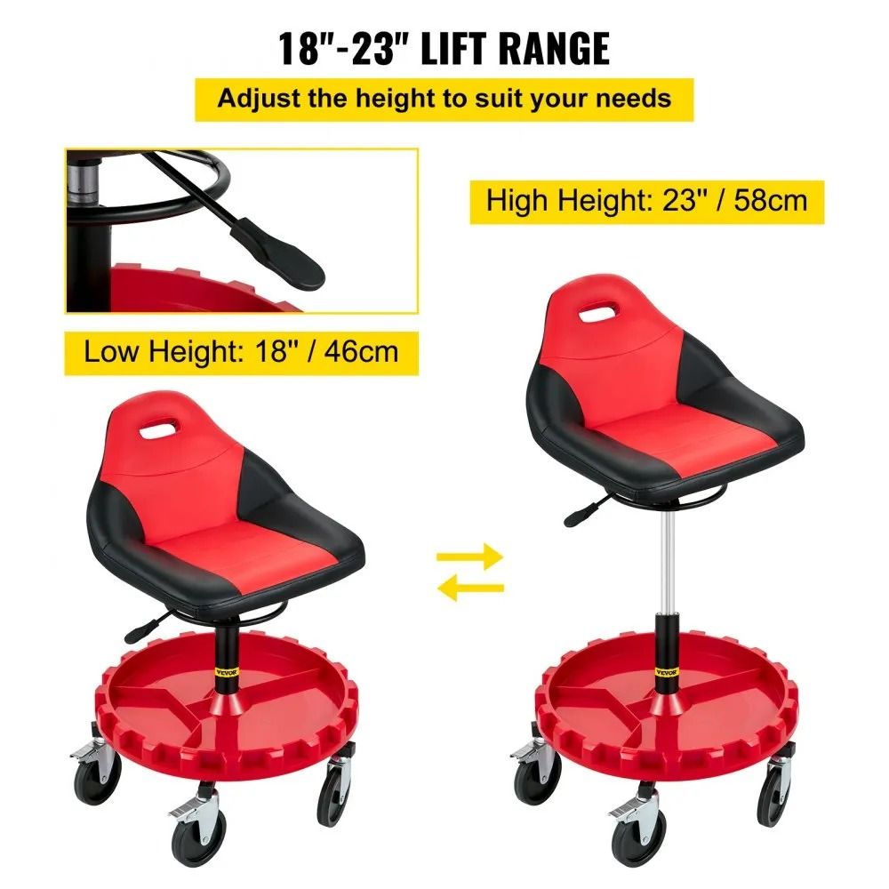 Mobile Mechanic Garage Stool Height Adjustable 300LBS Capacity Rolling Gear Seat With Tool Tray And 6
