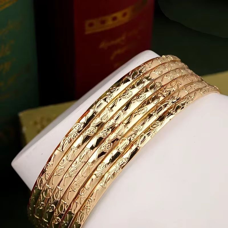 Herseygold Slim Gold Bangle Bracelet Set  Carved Flower Layered Cuff For Brides  Everyday Elegance 1