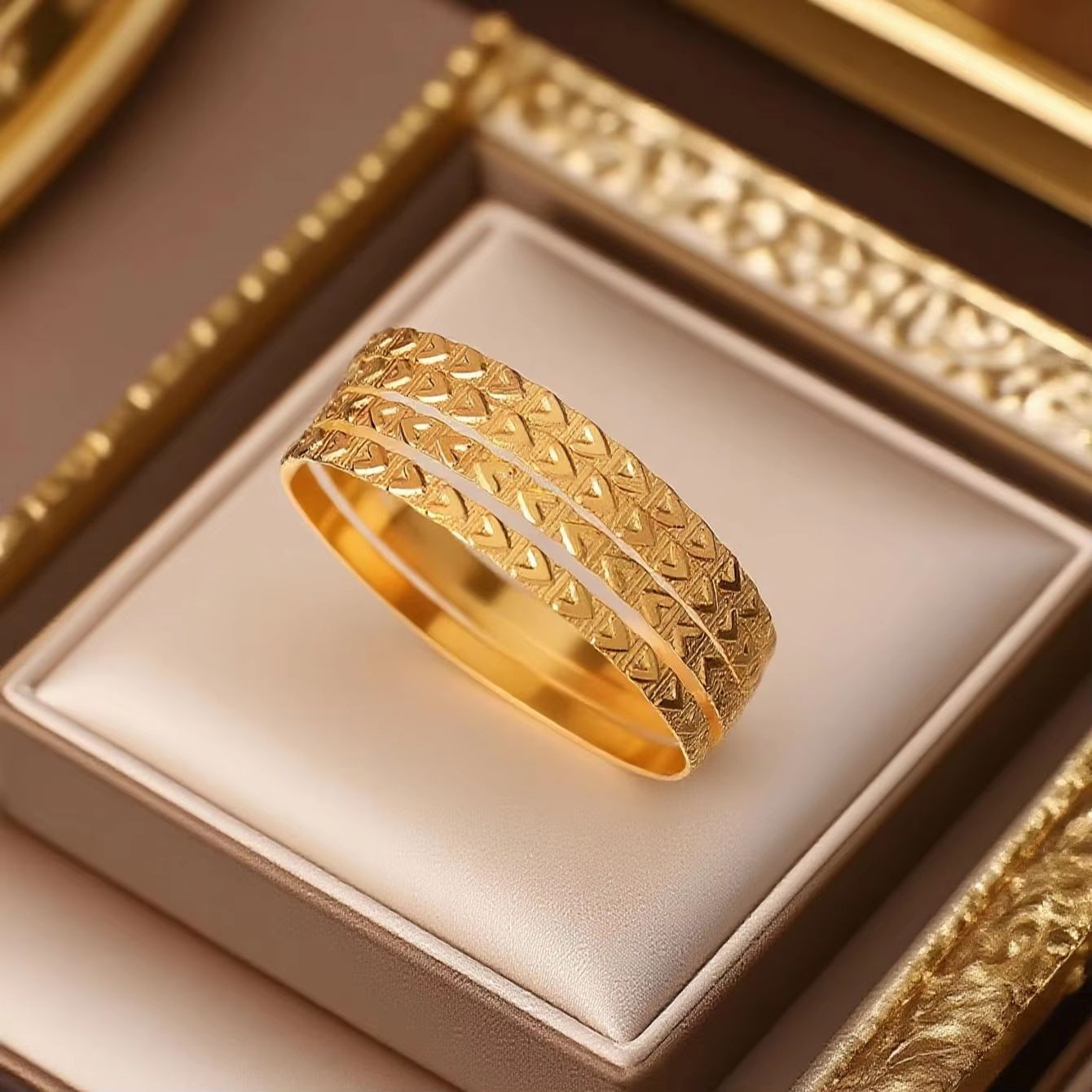 Herseygold Slim Gold Bangle Bracelet Set  Carved Flower Layered Cuff For Brides  Everyday Elegance 7