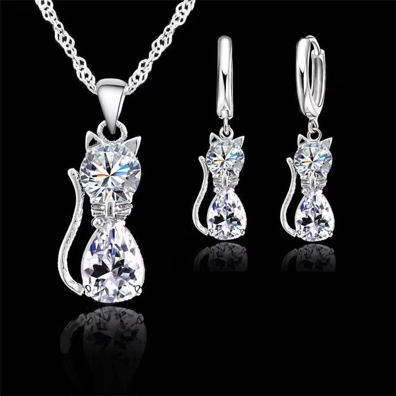 Real 925 Sterling Silver Cat Jewelry Set – Austrian Crystal Cat Pendant Necklace & Huggie Earrings for Women and Girls