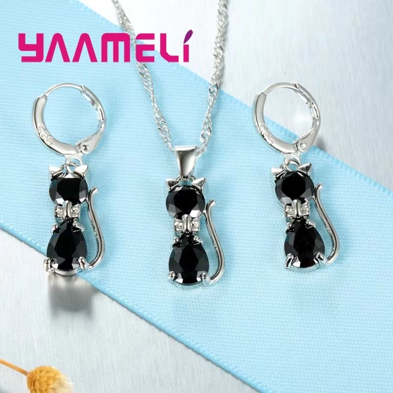 Real 925 Sterling Silver Cat Jewelry Set  Austrian Crystal Cat Pendant Necklace  Huggie Earrings Fo 1