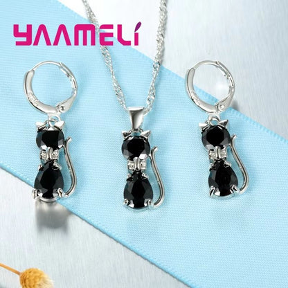 Real 925 Sterling Silver Cat Jewelry Set  Austrian Crystal Cat Pendant Necklace  Huggie Earrings Fo 1