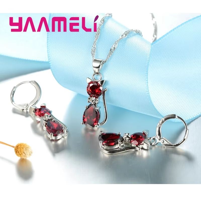 Real 925 Sterling Silver Cat Jewelry Set  Austrian Crystal Cat Pendant Necklace  Huggie Earrings Fo 2