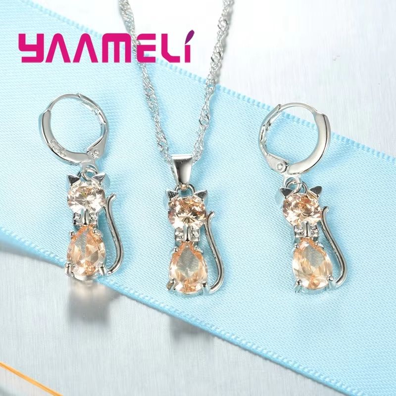 Real 925 Sterling Silver Cat Jewelry Set  Austrian Crystal Cat Pendant Necklace  Huggie Earrings Fo 3