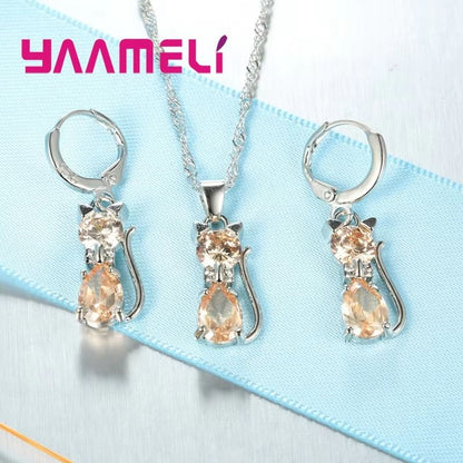 Real 925 Sterling Silver Cat Jewelry Set  Austrian Crystal Cat Pendant Necklace  Huggie Earrings Fo 3