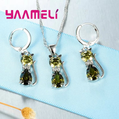 Real 925 Sterling Silver Cat Jewelry Set  Austrian Crystal Cat Pendant Necklace  Huggie Earrings Fo 4