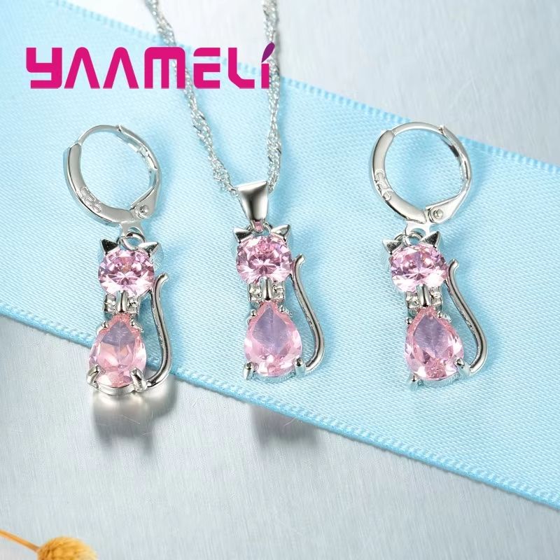 Real 925 Sterling Silver Cat Jewelry Set  Austrian Crystal Cat Pendant Necklace  Huggie Earrings Fo 5