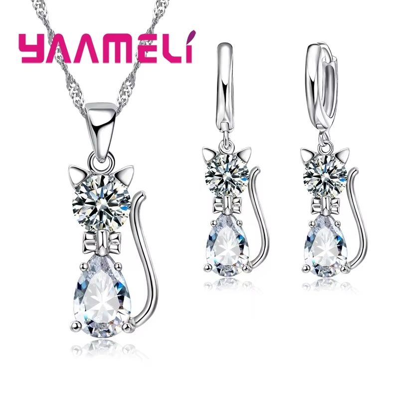 Real 925 Sterling Silver Cat Jewelry Set  Austrian Crystal Cat Pendant Necklace  Huggie Earrings Fo 6