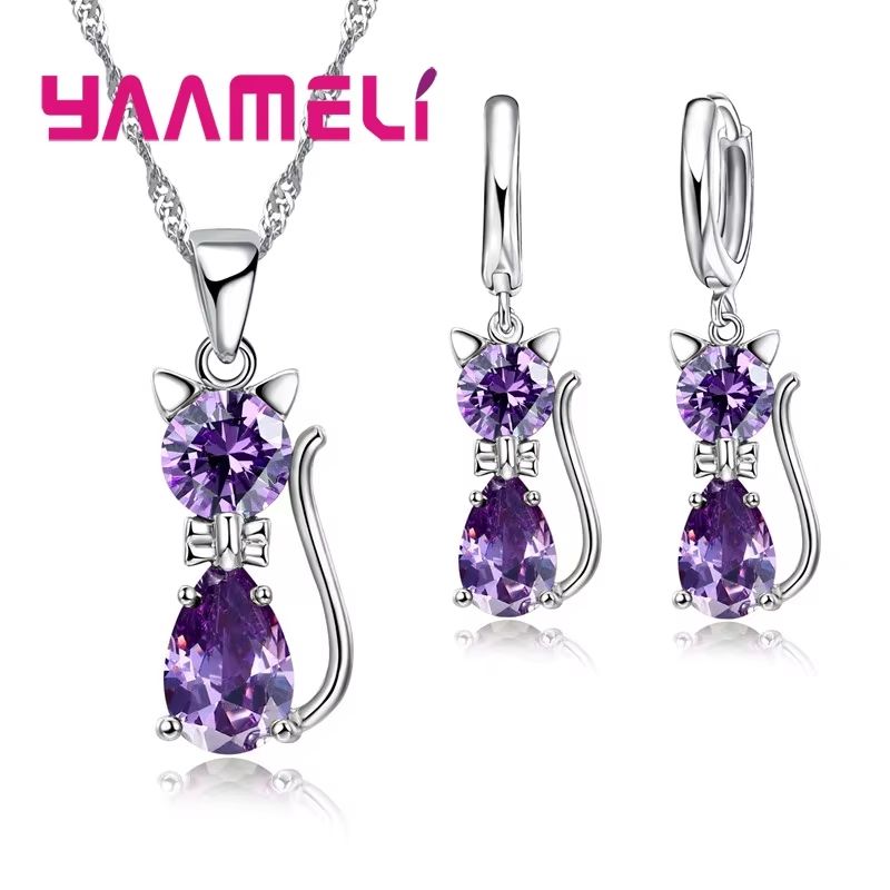 Real 925 Sterling Silver Cat Jewelry Set  Austrian Crystal Cat Pendant Necklace  Huggie Earrings Fo 7