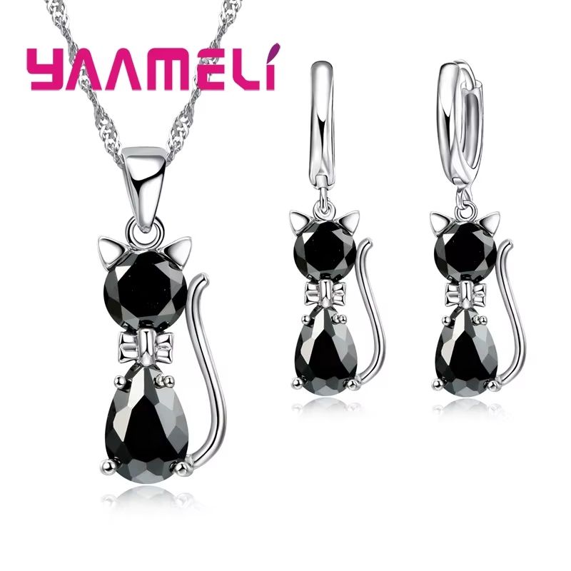 Real 925 Sterling Silver Cat Jewelry Set  Austrian Crystal Cat Pendant Necklace  Huggie Earrings Fo 8