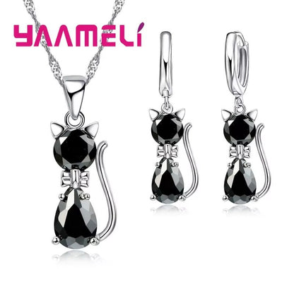 Real 925 Sterling Silver Cat Jewelry Set  Austrian Crystal Cat Pendant Necklace  Huggie Earrings Fo 8