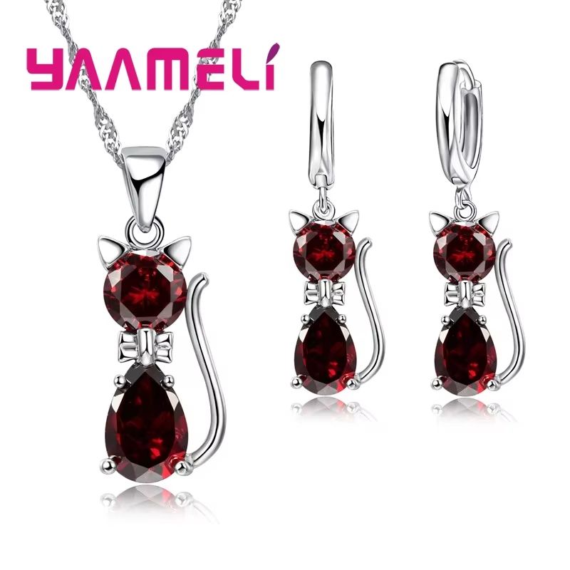 Real 925 Sterling Silver Cat Jewelry Set  Austrian Crystal Cat Pendant Necklace  Huggie Earrings Fo 9