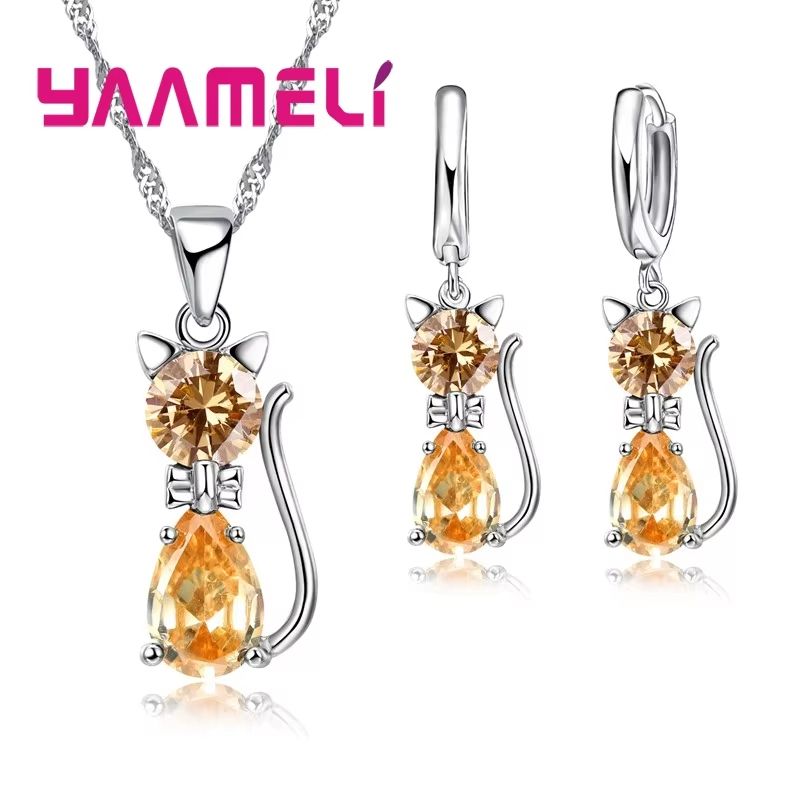 Real 925 Sterling Silver Cat Jewelry Set  Austrian Crystal Cat Pendant Necklace  Huggie Earrings Fo 10