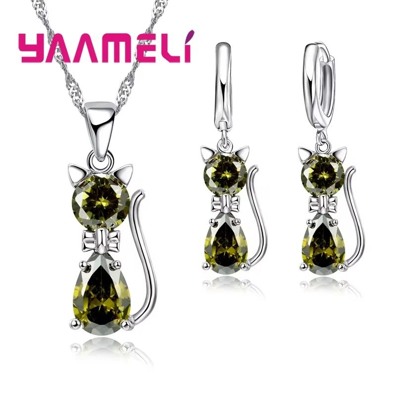 Real 925 Sterling Silver Cat Jewelry Set  Austrian Crystal Cat Pendant Necklace  Huggie Earrings Fo 11