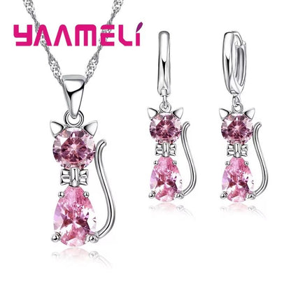 Real 925 Sterling Silver Cat Jewelry Set  Austrian Crystal Cat Pendant Necklace  Huggie Earrings Fo 12
