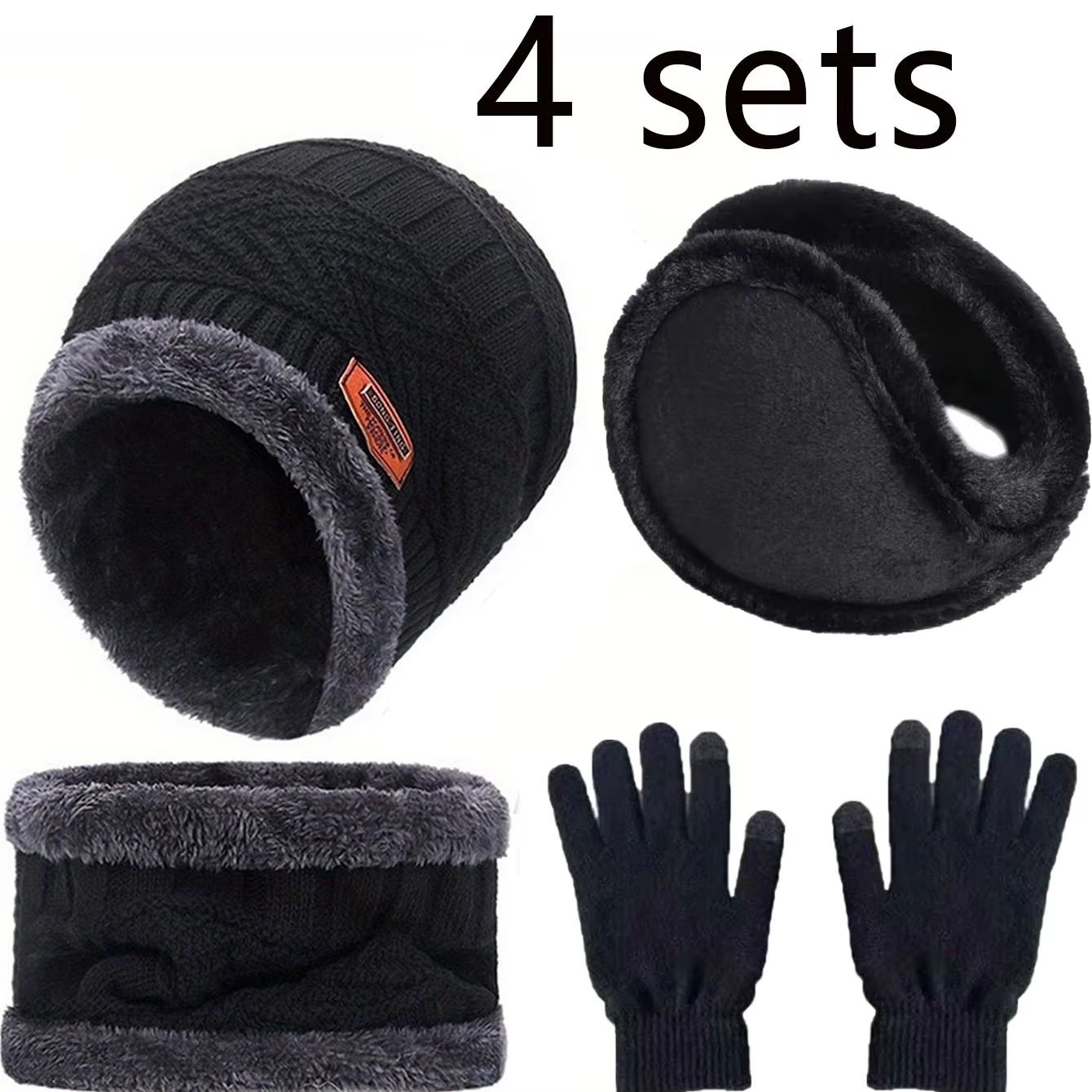 4pcs Velvet winter hat and scarf set with warm beanie and gloves – Unisex Neck Warmer Outdoor Cold Weather Kit