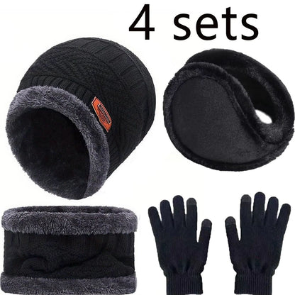 4pcs Velvet winter hat and scarf set with warm beanie and gloves – Unisex Neck Warmer Outdoor Cold Weather Kit