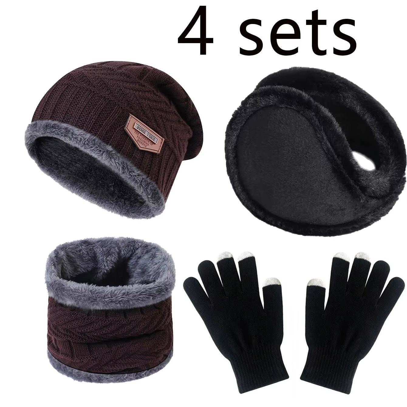 4pcs Velvet Winter Hat And Scarf Set With Warm Beanie And Gloves  Unisex Neck Warmer Outdoor Cold W 6
