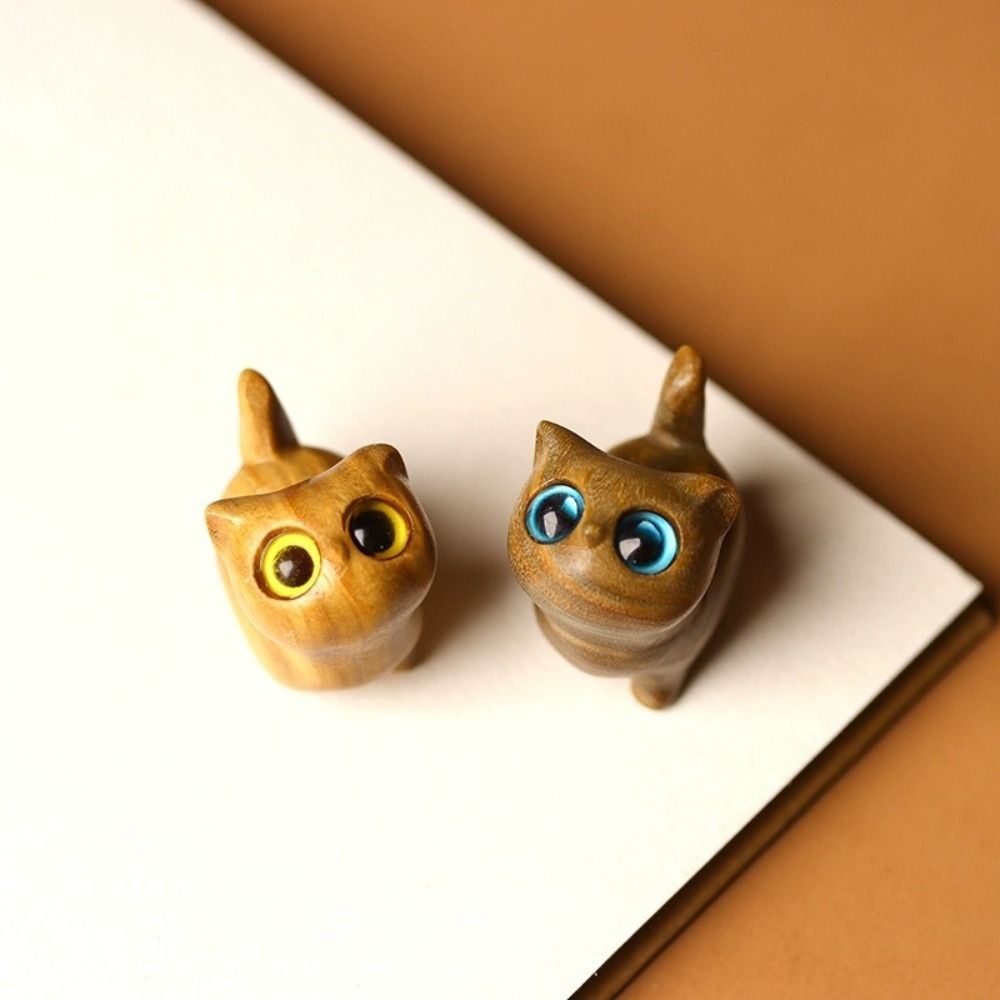 Sandalwood Cat Figurine, Kawaii Cartoon Wooden Carved, Cute Animal Desktop Toy, Exquisite Bedroom Decor