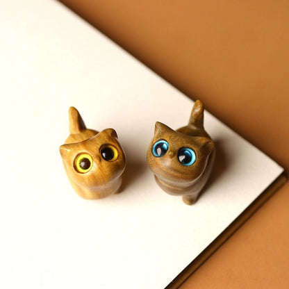 Sandalwood Cat Figurine, Kawaii Cartoon Wooden Carved, Cute Animal Desktop Toy, Exquisite Bedroom Decor