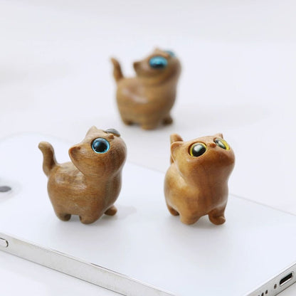 Sandalwood Cat Figurine Kawaii Cartoon Wooden Carved Cute Animal Desktop Toy Exquisite Bedroom Deco 2