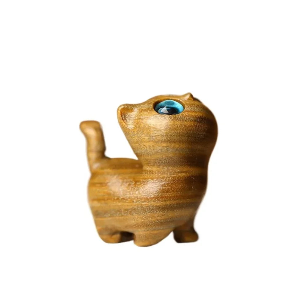 Sandalwood Cat Figurine Kawaii Cartoon Wooden Carved Cute Animal Desktop Toy Exquisite Bedroom Deco 11