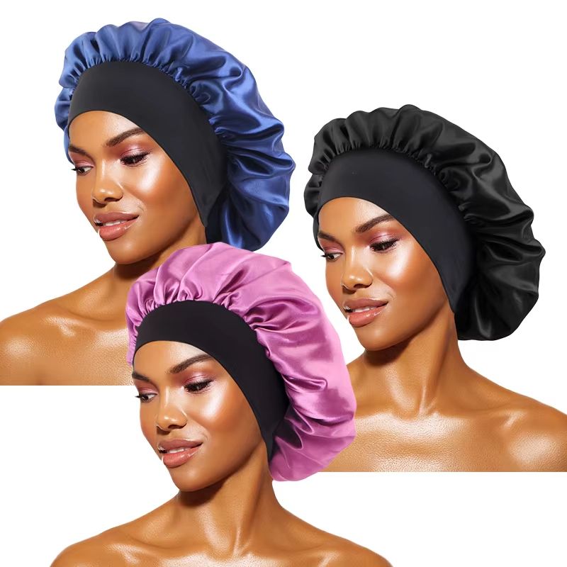 Womens Satin Wide Brim Sleep Bonnet With Elastic Band 20
