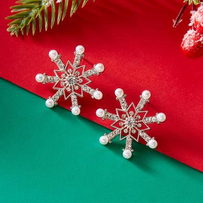 Pearl Zircon Stud Earrings For Women Exquisite Christmas Snowflake Jewelry Crystal Dangle Piercing  3