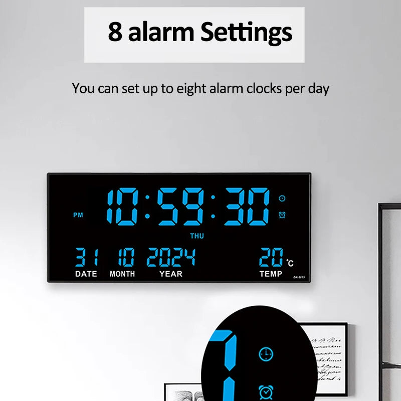 Digital Large Wall Clock LED Display Alarm Temperature Date Calendar Alarm Settings Plug In Electro