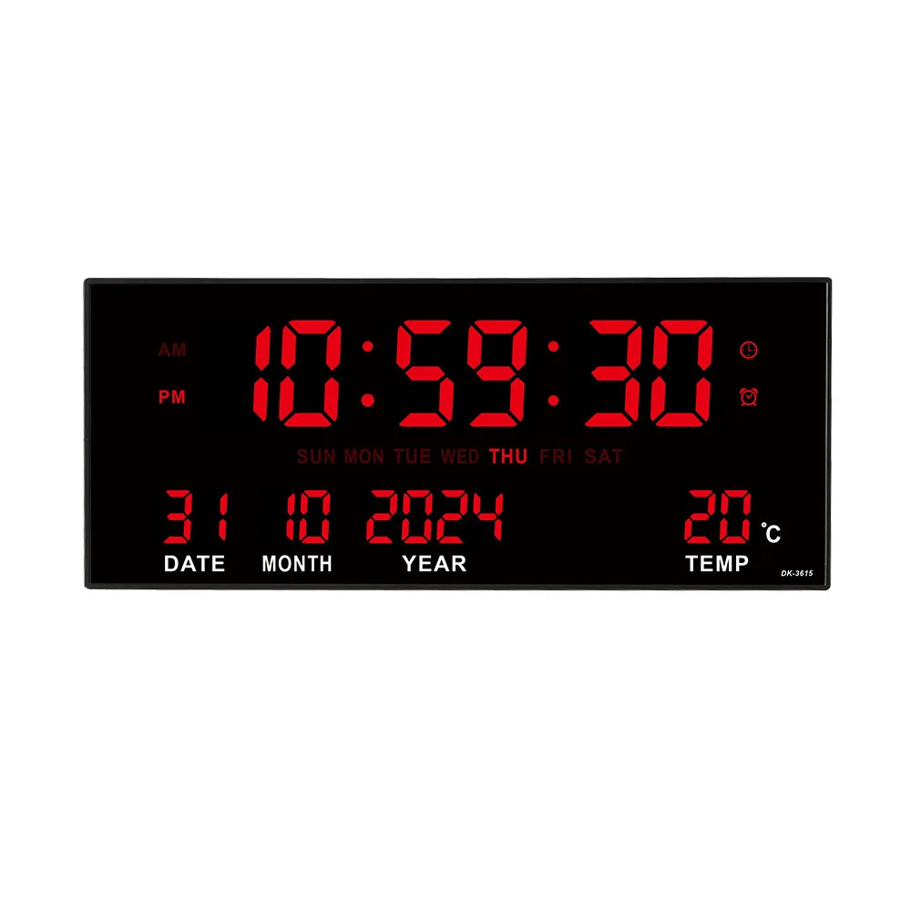 Digital Large Wall Clock LED Display Alarm Temperature Date Calendar Alarm Settings Plug In Electro