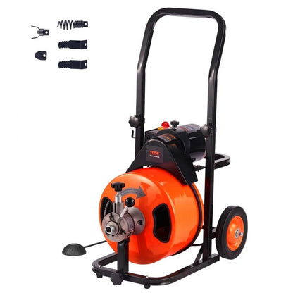 Electric Drain Auger, Powerful Sewer Cleaner Machine with Auto Feed, Interchangeable Cutters, Air Foot Switch