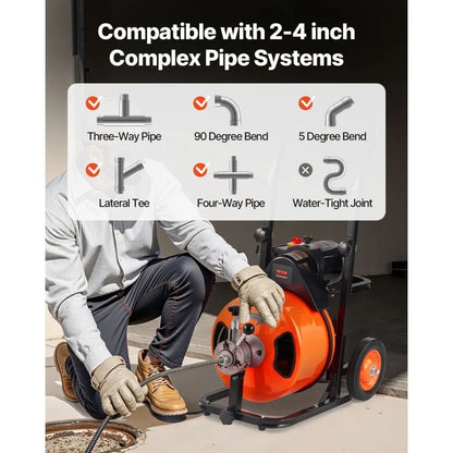 Electric Drain Auger Powerful Sewer Cleaner Machine With Auto Feed Interchangeable Cutters Air Foot 2