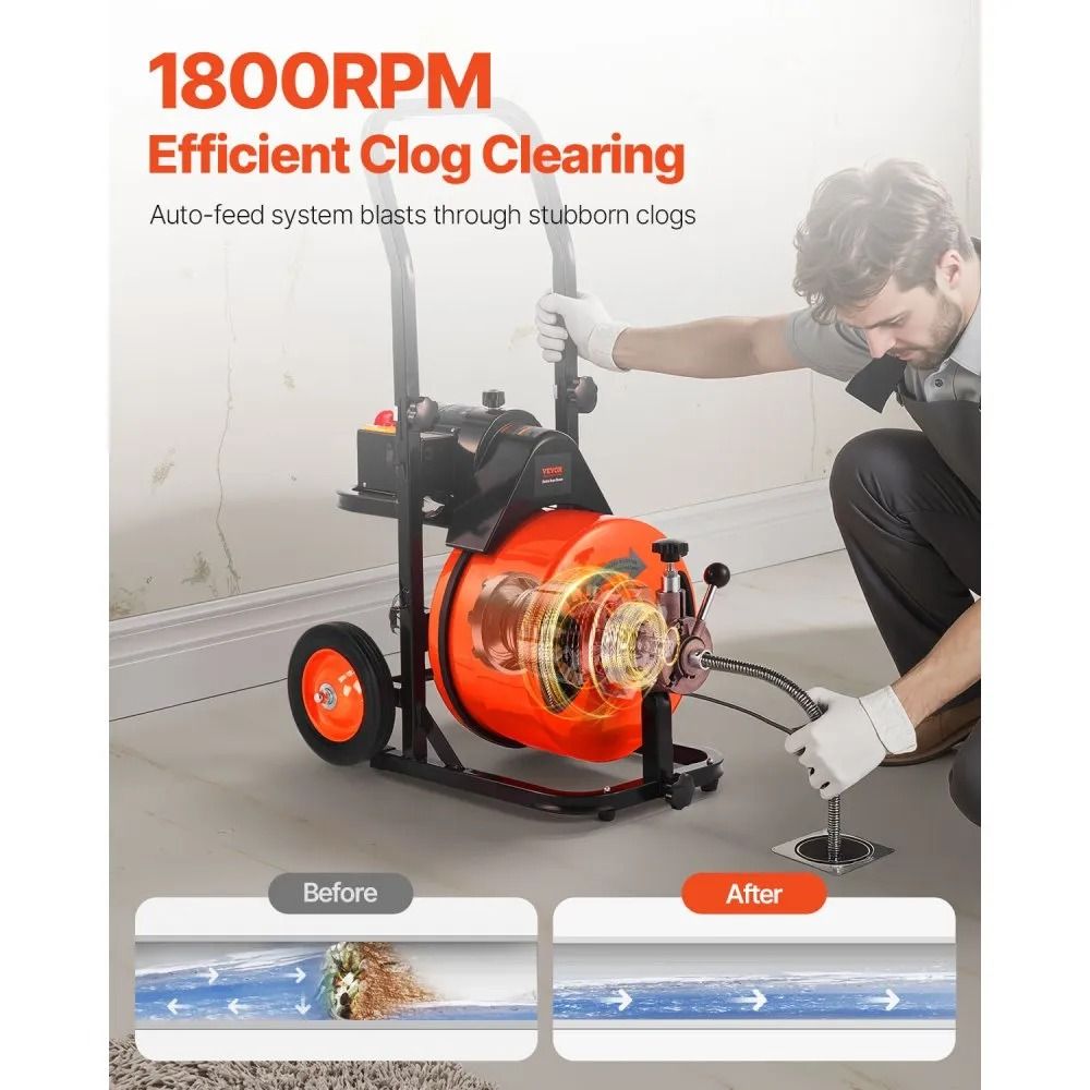 Electric Drain Auger Powerful Sewer Cleaner Machine With Auto Feed Interchangeable Cutters Air Foot 1