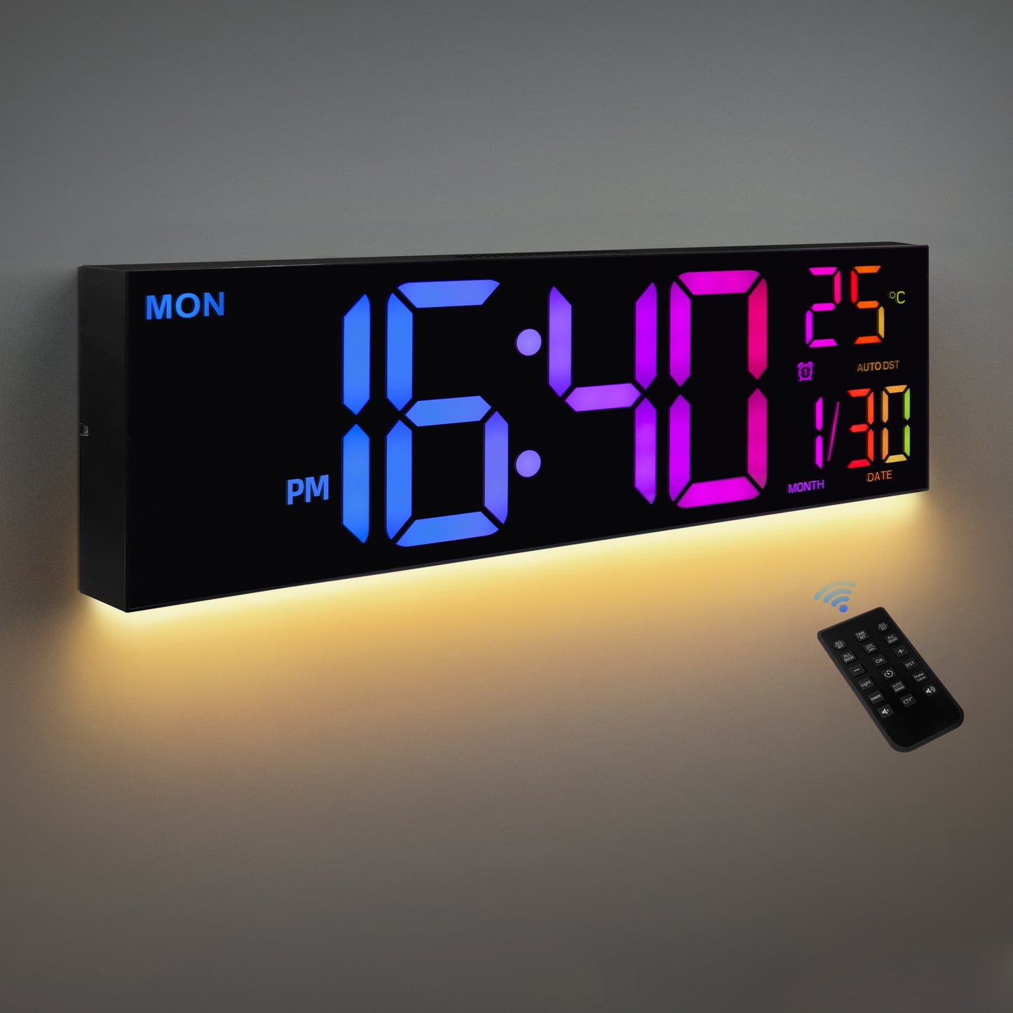 16 Inch Large Digital Wall Clock, Big LED Display, 8 RGB Colors, Remote Control, Alarm, DST, Temperature for Living Room