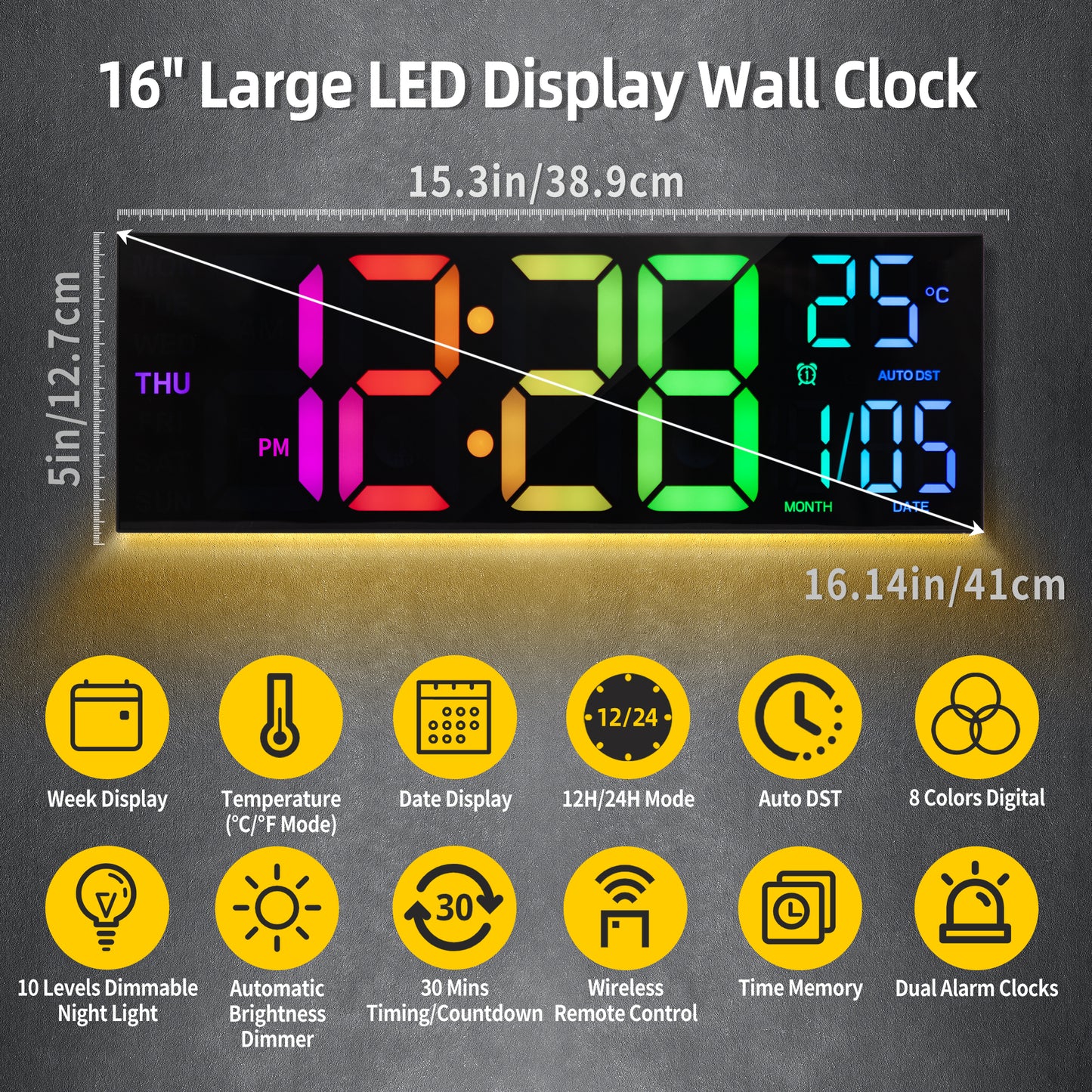 16 Inch Large Digital Wall Clock, Big LED Display, 8 RGB Colors, Remote Control, Alarm, DST, Temperature for Living Room