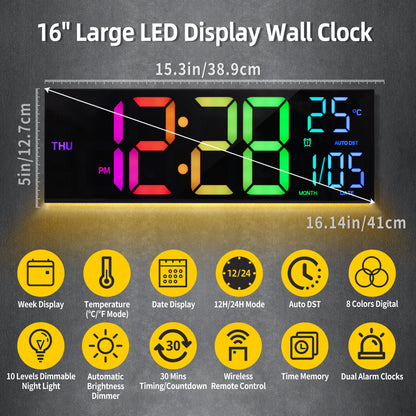 16 Inch Large Digital Wall Clock, Big LED Display, 8 RGB Colors, Remote Control, Alarm, DST, Temperature for Living Room