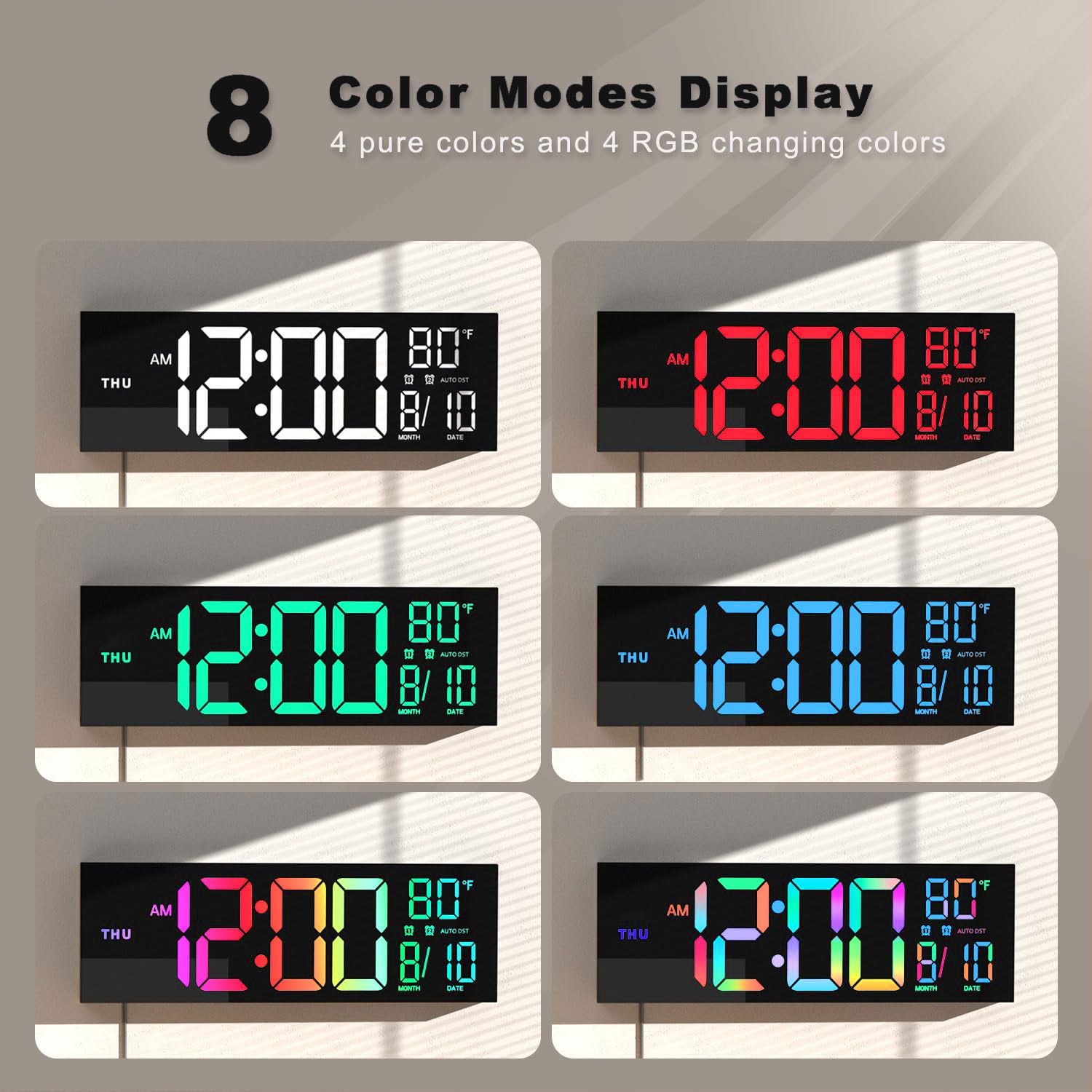 16 Inch Large Digital Wall Clock, Big LED Display, 8 RGB Colors, Remote Control, Alarm, DST, Temperature for Living Room
