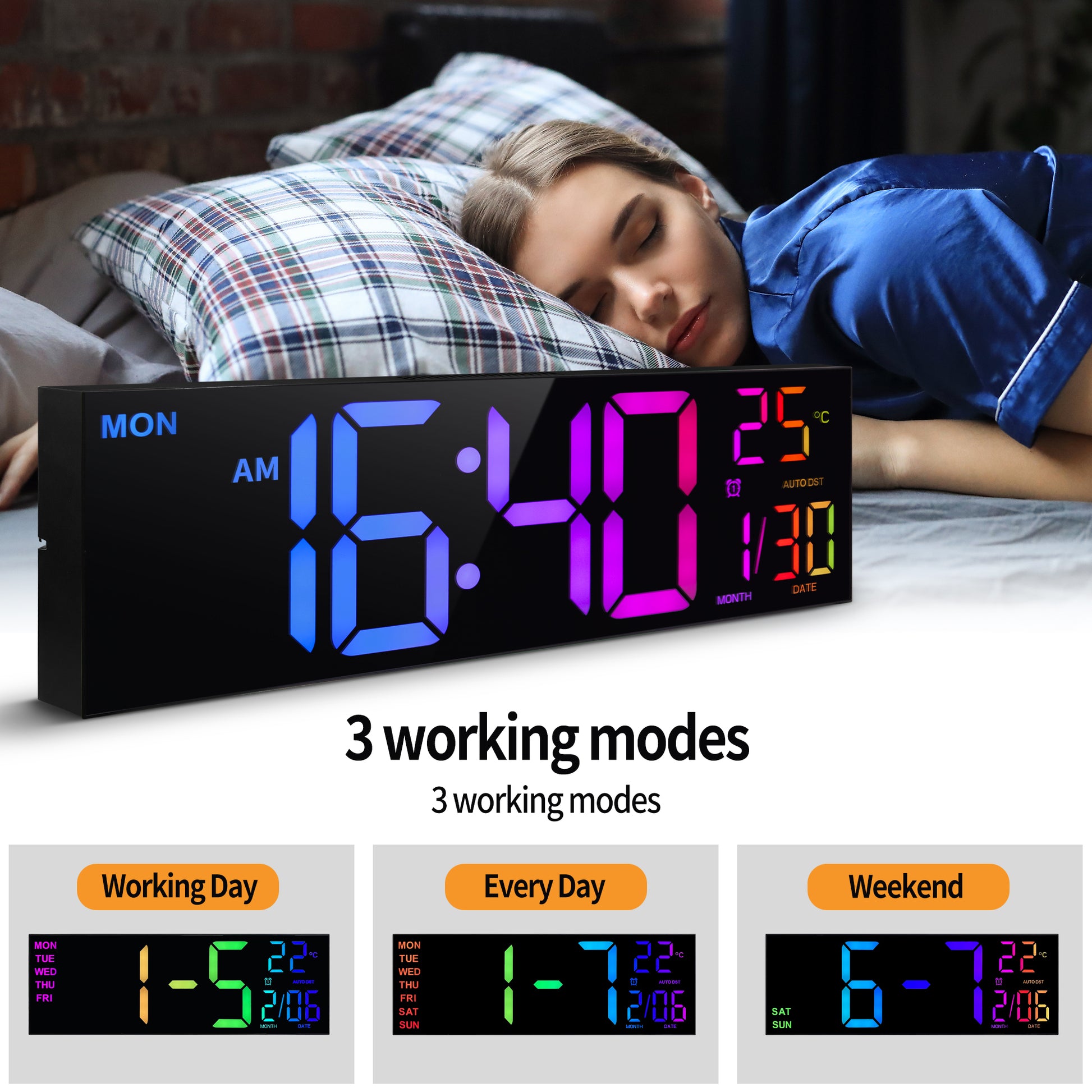 16 Inch Large Digital Wall Clock, Big LED Display, 8 RGB Colors, Remote Control, Alarm, DST, Temperature for Living Room